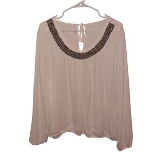 Studio Y Womens XL Cream Beaded Scoop Neck Long Sleeve Blouse Keyhole Back Tie‎